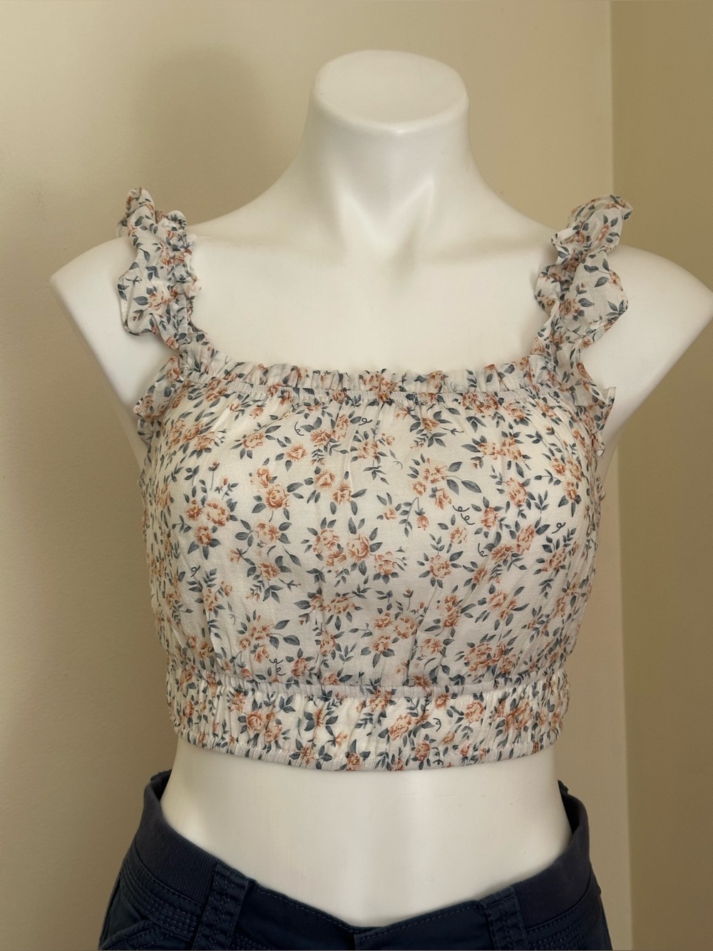 LULUS Cream Blue & Orange Ruffle Floral Straps Elastic Crop Top Sz S